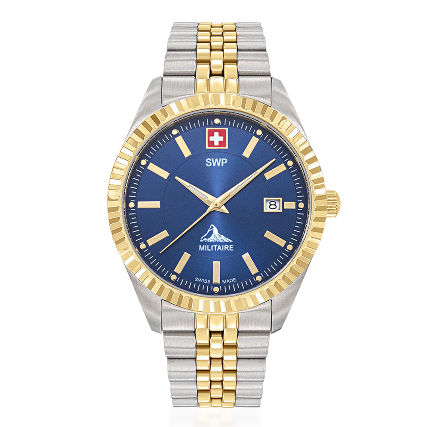 SWP Swiss Militaire Jungfrau Swiss Ronda 515 Watch with a Blue Dial and a Silver and Gold Stainless Steel Strap in a 42mm Silver and Gold Stainless Steel Case with 5 ATM H982BBU_8741672_2