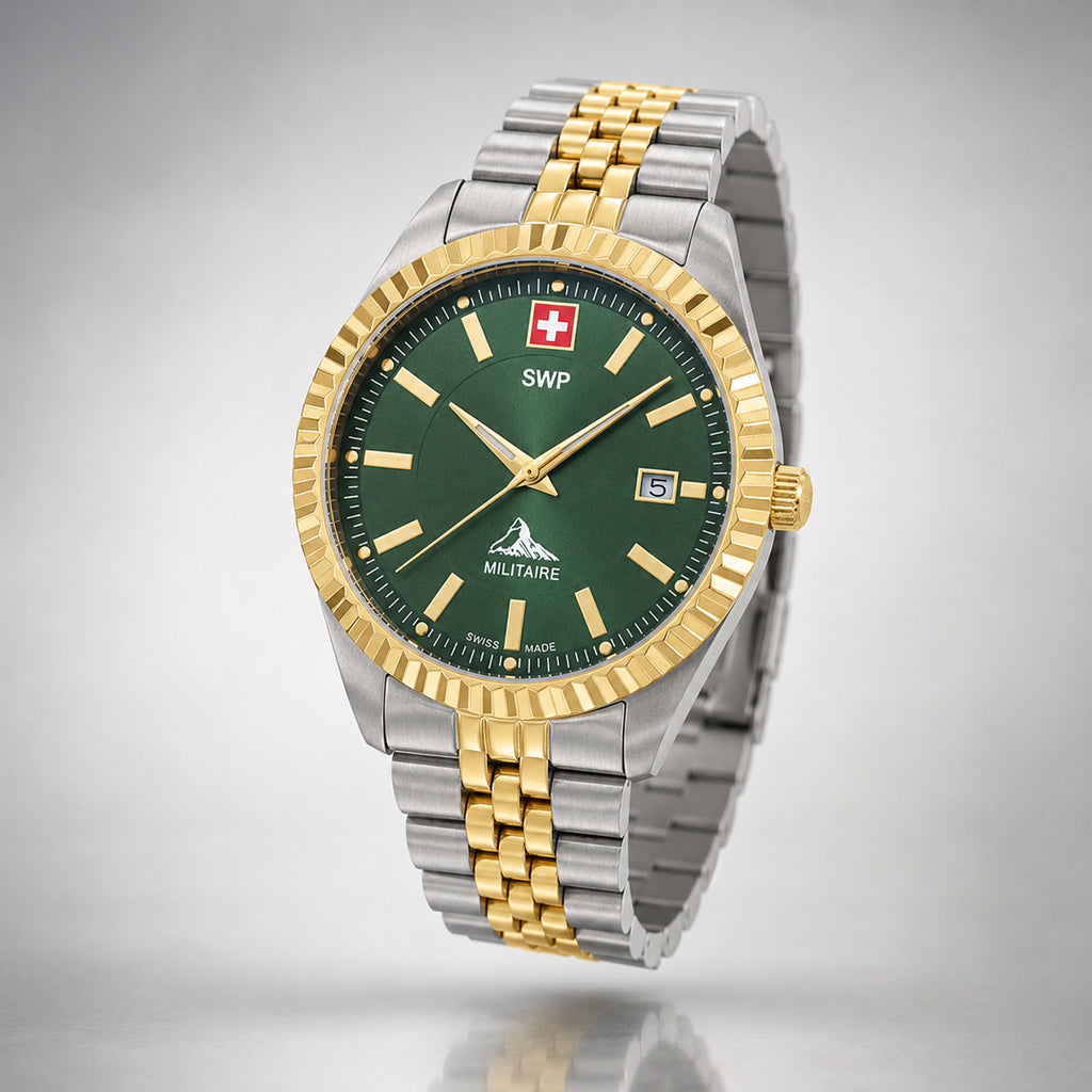 SWP Swiss Militaire Jungfrau Swiss Ronda 515 Watch with a Green Dial and a Silver and Gold Stainless Steel Strap in a 42mm Silver and Gold Stainless Steel Case with 5 ATM H982BV_8741673