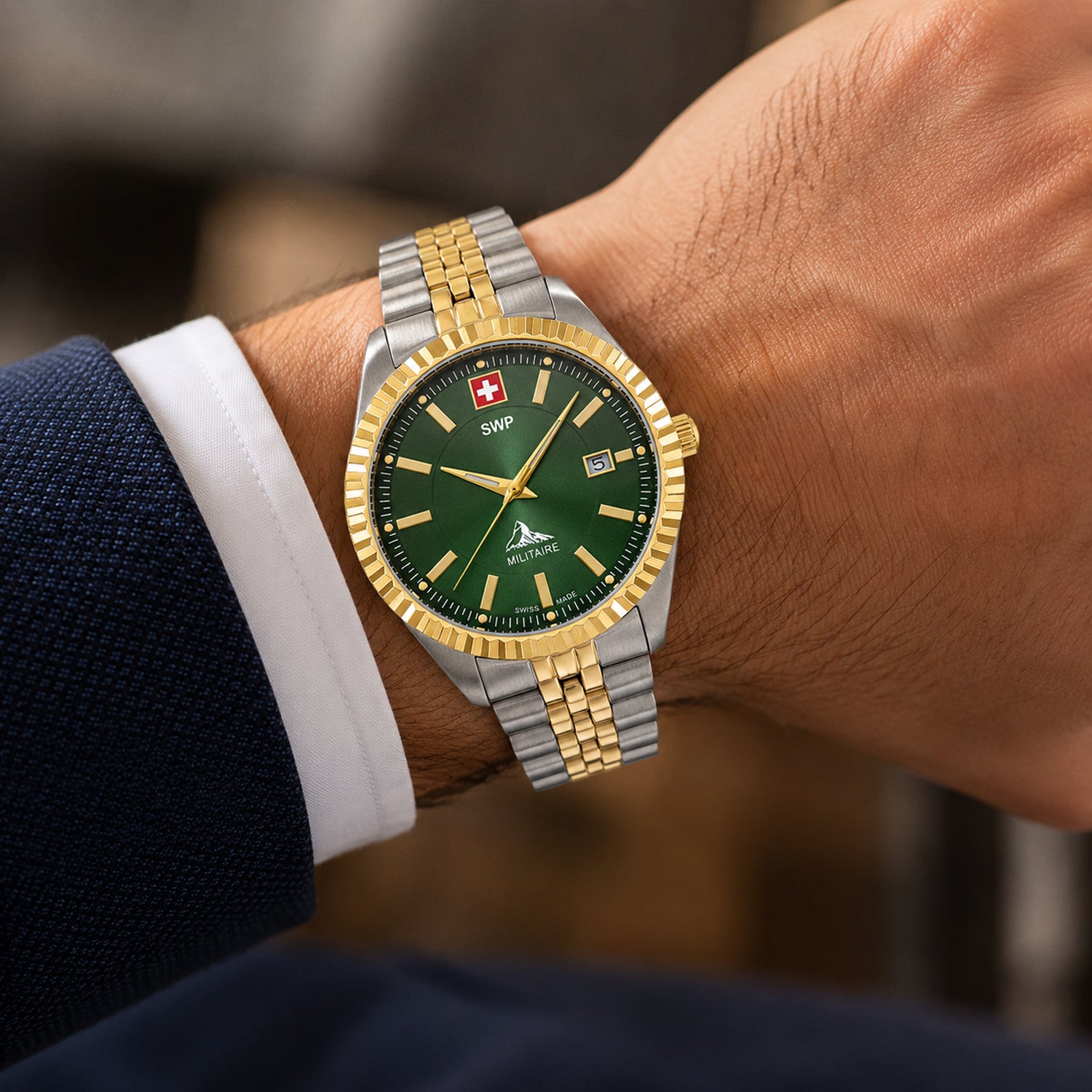 SWP Swiss Militaire Jungfrau Swiss Ronda 515 Watch with a Green Dial and a Silver and Gold Stainless Steel Strap in a 42mm Silver and Gold Stainless Steel Case with 5 ATM H982BV_8741673_1