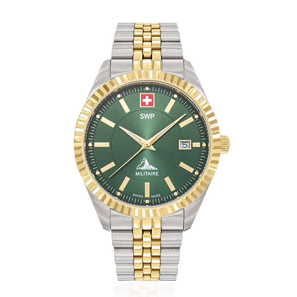 SWP Swiss Militaire Jungfrau Swiss Ronda 515 Watch with a Green Dial and a Silver and Gold Stainless Steel Strap in a 42mm Silver and Gold Stainless Steel Case with 5 ATM H982BV_8741673_2