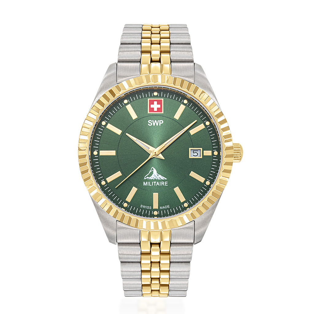 SWP Swiss Militaire Jungfrau Swiss Ronda 515 Watch with a Green Dial and a Silver and Gold Stainless Steel Strap in a 42mm Silver and Gold Stainless Steel Case with 5 ATM H982BV_8741673_2