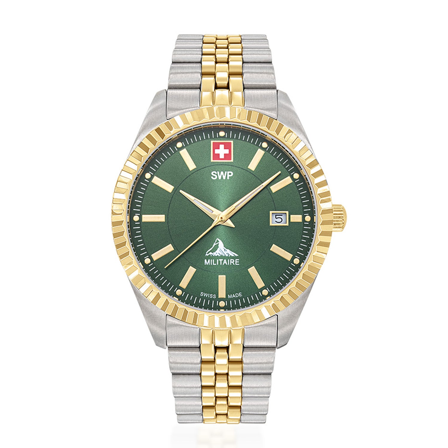 SWP Swiss Militaire Jungfrau Swiss Ronda 515 Watch with a Green Dial and a Silver and Gold Stainless Steel Strap in a 42mm Silver and Gold Stainless Steel Case with 5 ATM H982BV_8741673_2