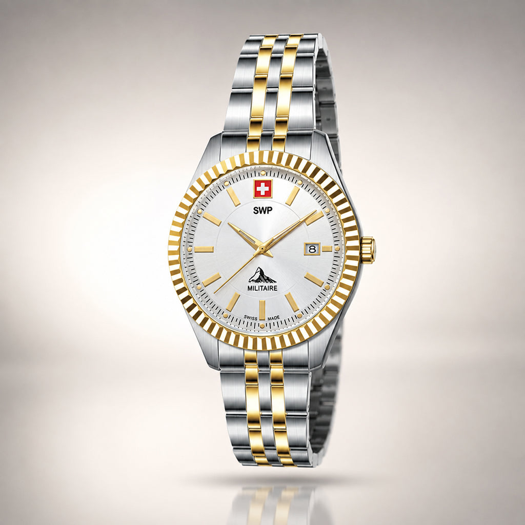 SWP Swiss Militaire Jungfrau Swiss Ronda 585 Watch with a White Dial and a Silver and Gold Stainless Steel Strap in a 31mm Silver and Gold Stainless Steel Case with 5 ATM D982BI_8741674