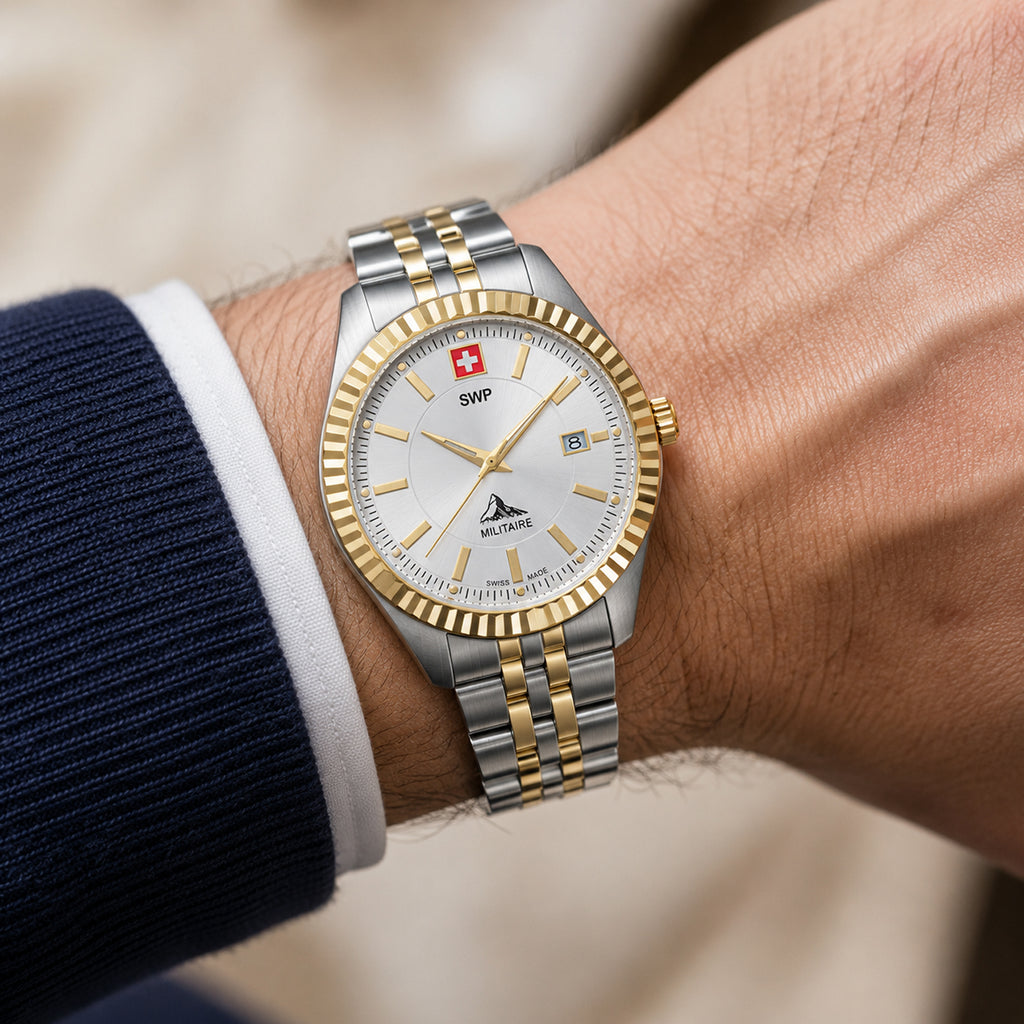 SWP Swiss Militaire Jungfrau Swiss Ronda 585 Watch with a White Dial and a Silver and Gold Stainless Steel Strap in a 31mm Silver and Gold Stainless Steel Case with 5 ATM D982BI_8741674_1