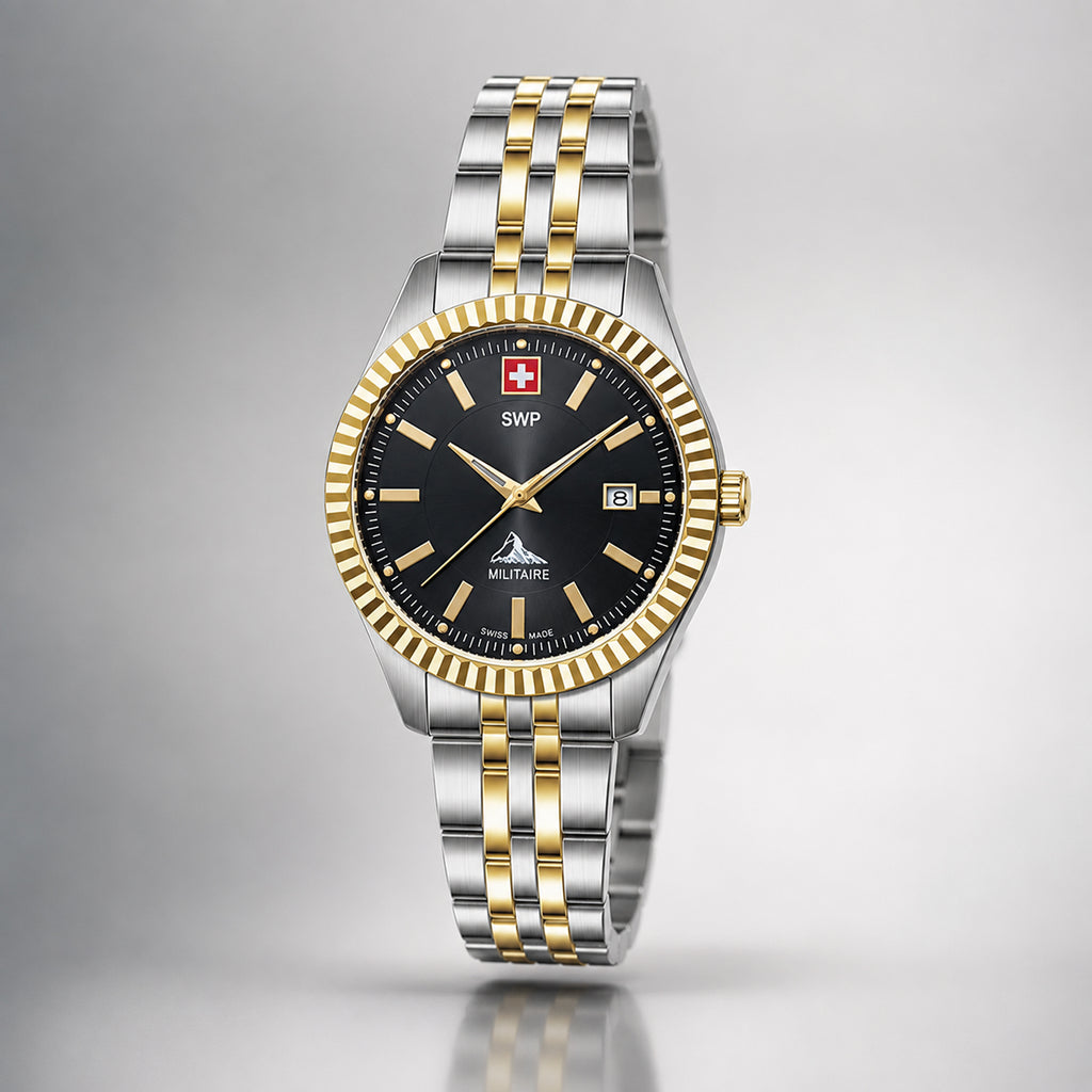 SWP Swiss Militaire Jungfrau Swiss Ronda 585 Watch with a Black Dial and a Silver and Gold Stainless Steel Strap in a 31mm Silver and Gold Stainless Steel Case with 5 ATM D982BN_8741675