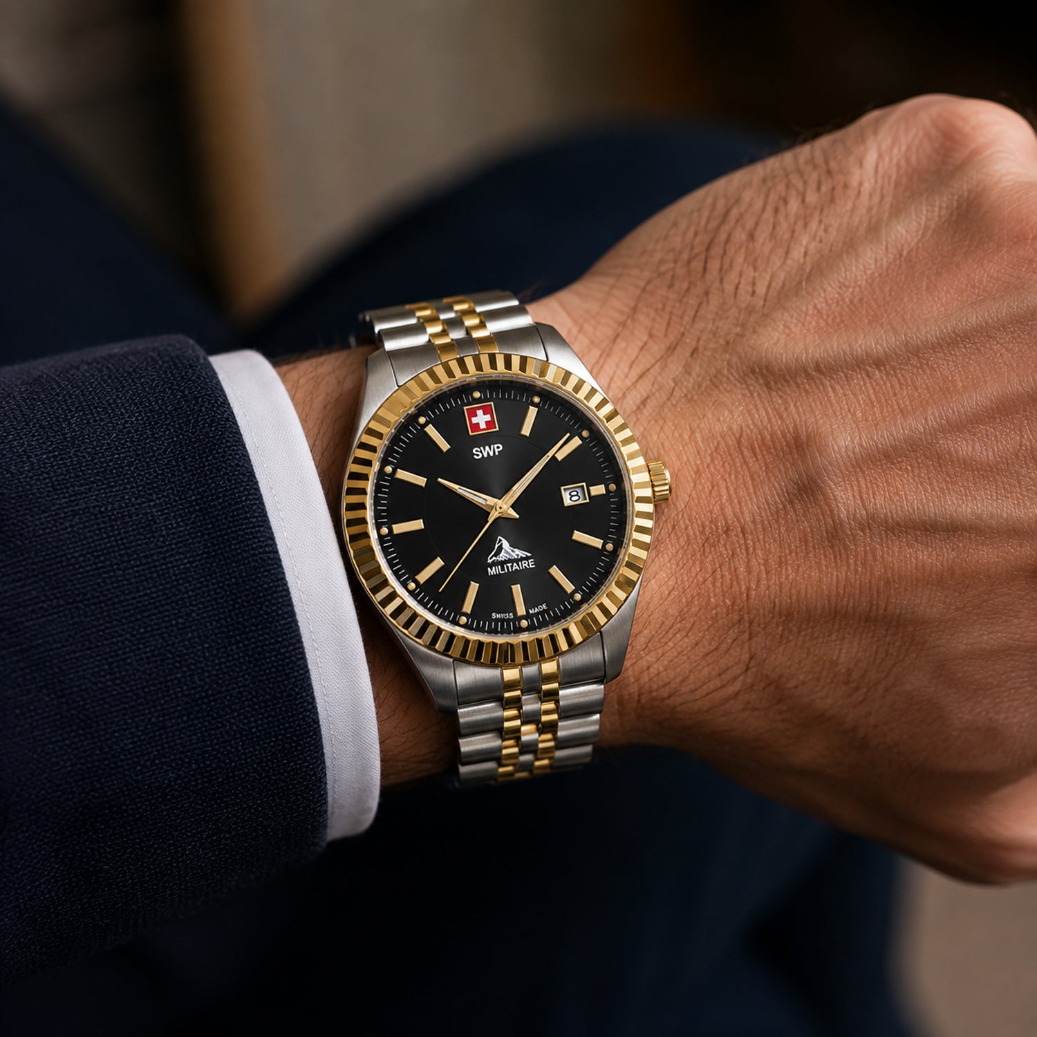 SWP Swiss Militaire Jungfrau Swiss Ronda 585 Watch with a Black Dial and a Silver and Gold Stainless Steel Strap in a 31mm Silver and Gold Stainless Steel Case with 5 ATM D982BN_8741675_1