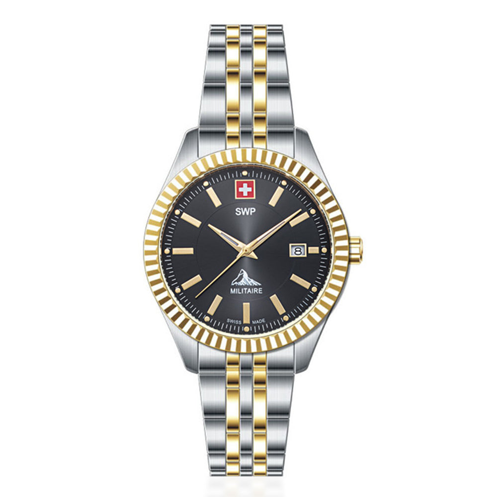 SWP Swiss Militaire Jungfrau Swiss Ronda 585 Watch with a Black Dial and a Silver and Gold Stainless Steel Strap in a 31mm Silver and Gold Stainless Steel Case with 5 ATM D982BN_8741675_2