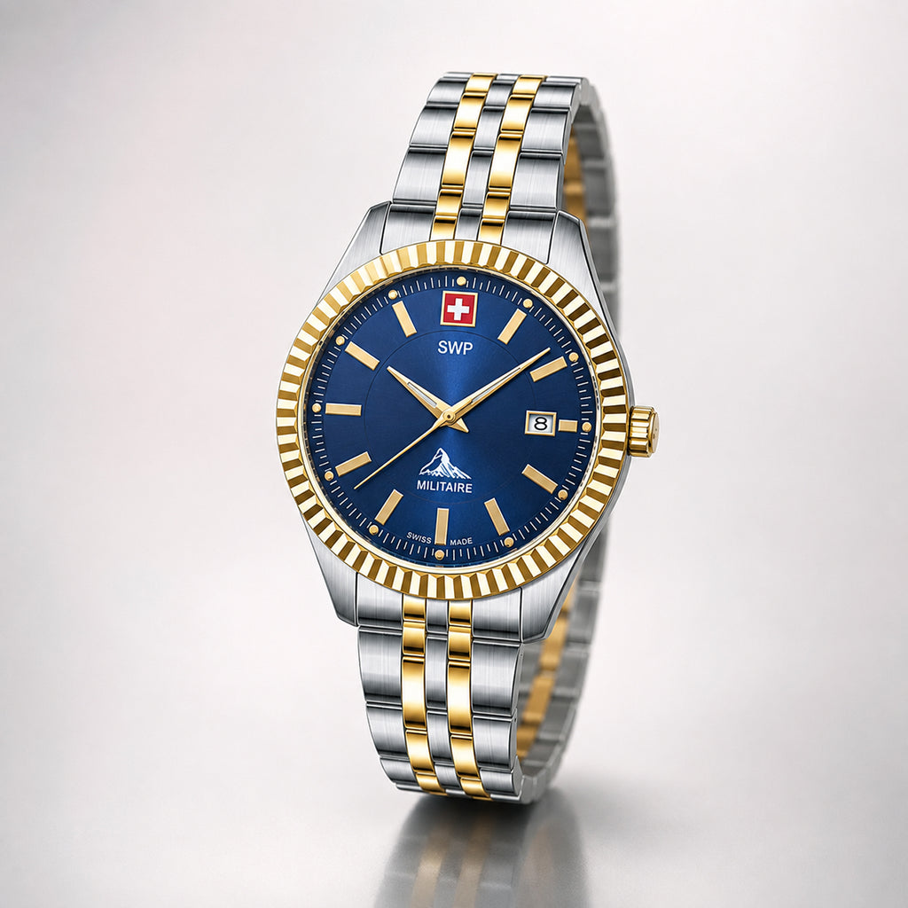 SWP Swiss Militaire Jungfrau Swiss Ronda 585 Watch with a Blue Dial and a Silver and Gold Stainless Steel Strap in a 31mm Silver and Gold Stainless Steel Case with 5 ATM D982BBU_8741676