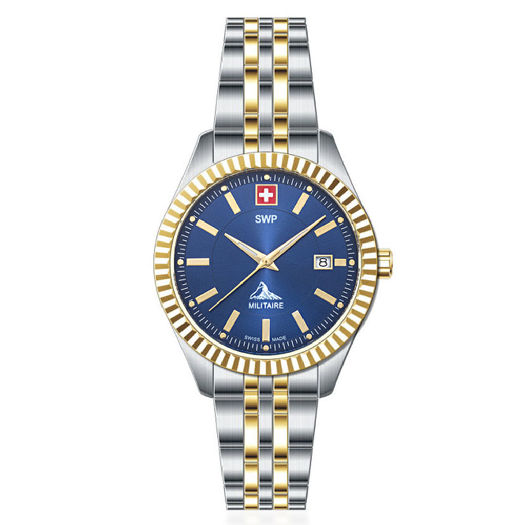 SWP Swiss Militaire Jungfrau Swiss Ronda 585 Watch with a Blue Dial and a Silver and Gold Stainless Steel Strap in a 31mm Silver and Gold Stainless Steel Case with 5 ATM D982BBU_8741676_2