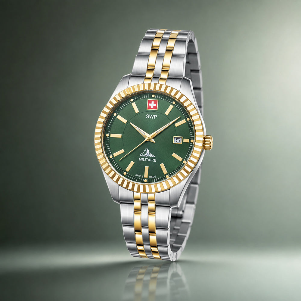 SWP Swiss Militaire Jungfrau Swiss Ronda 585 Watch with a Green Dial and a Silver and Gold Stainless Steel Strap in a 31mm Silver and Gold Stainless Steel Case with 5 ATM D982BV_8741677