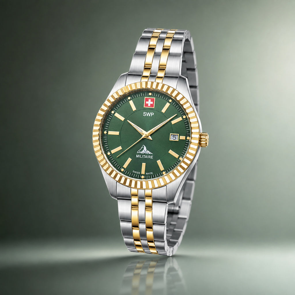SWP Swiss Militaire Jungfrau Swiss Ronda 585 Watch with a Green Dial and a Silver and Gold Stainless Steel Strap in a 31mm Silver and Gold Stainless Steel Case with 5 ATM D982BV_8741677