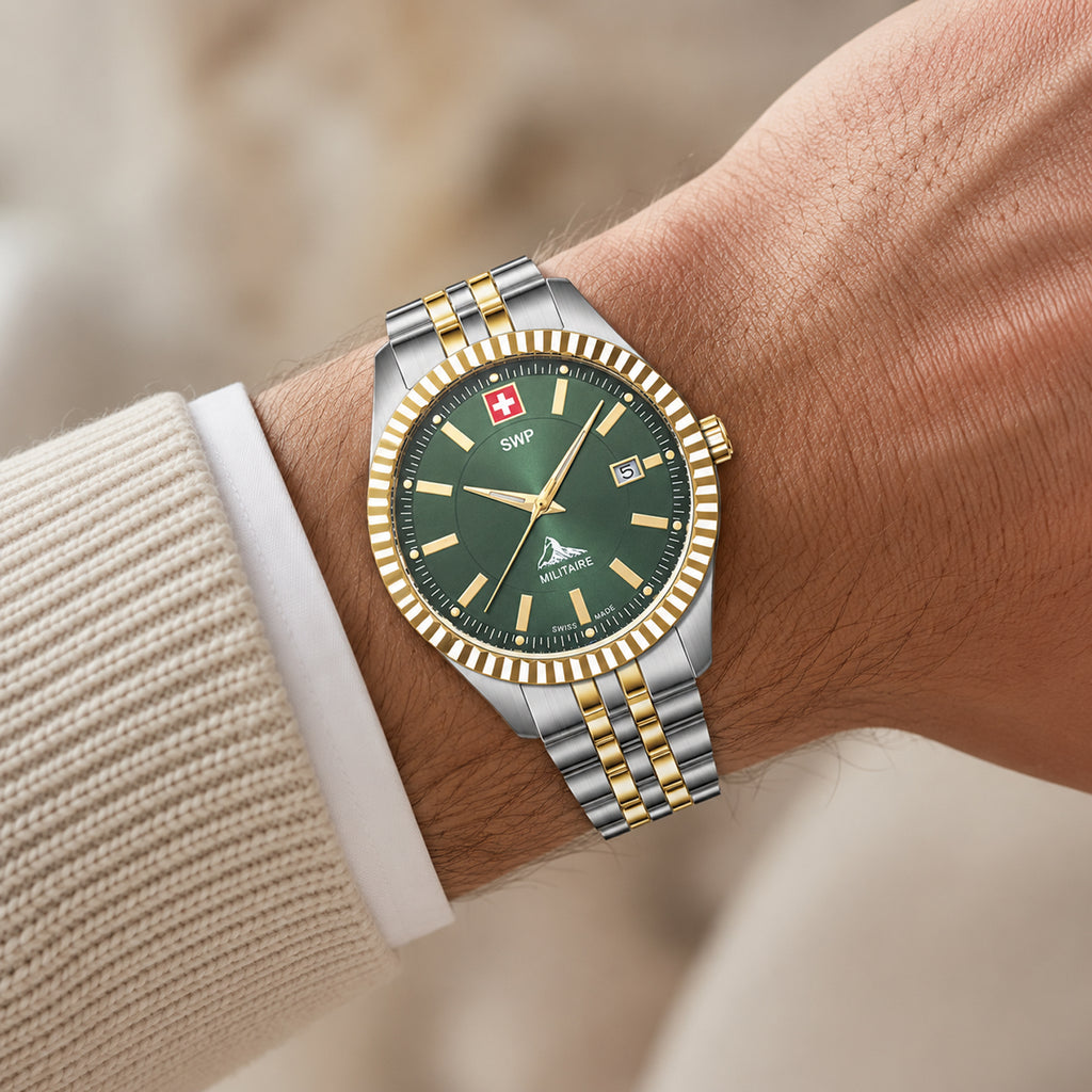 SWP Swiss Militaire Jungfrau Swiss Ronda 585 Watch with a Green Dial and a Silver and Gold Stainless Steel Strap in a 31mm Silver and Gold Stainless Steel Case with 5 ATM D982BV_8741677_1