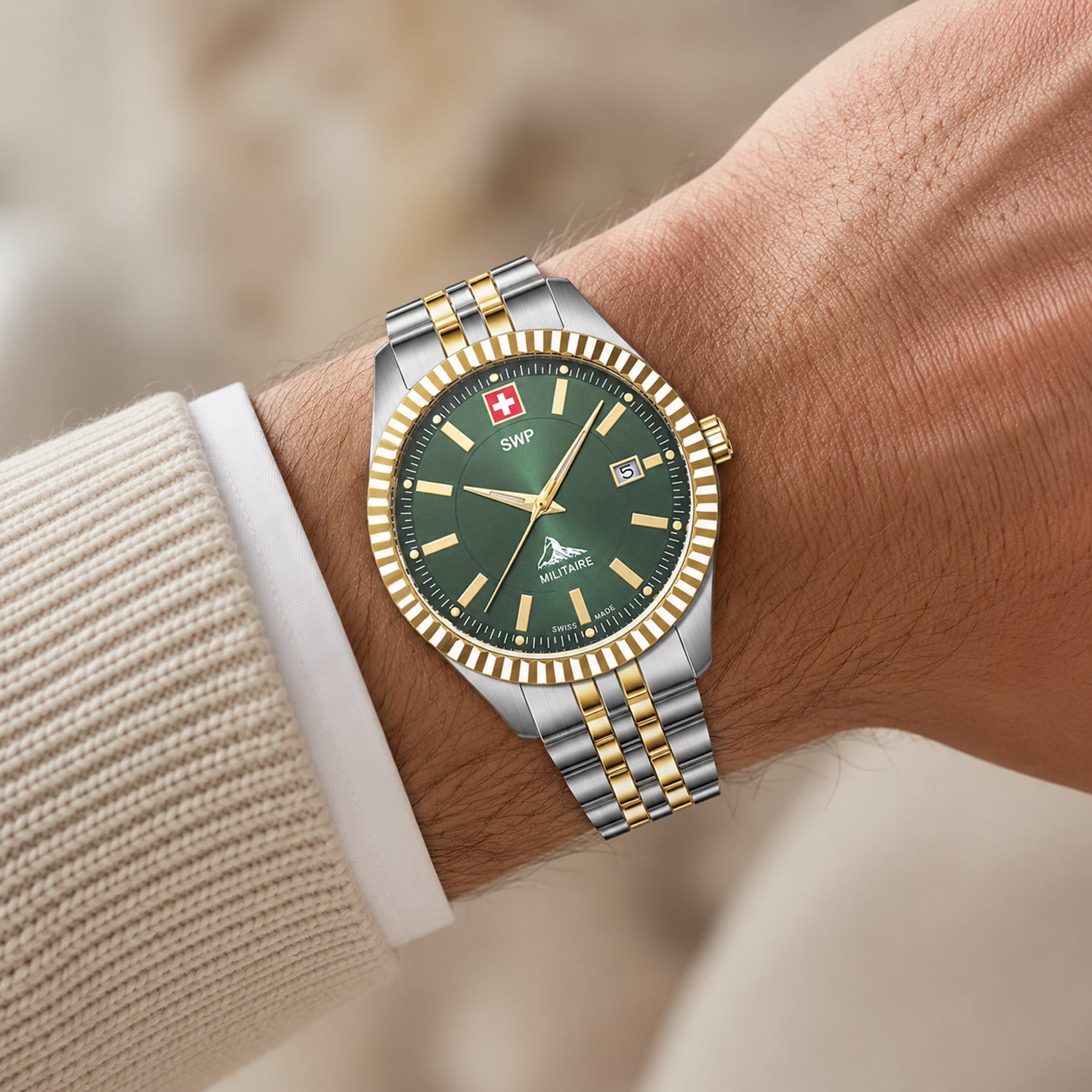 SWP Swiss Militaire Jungfrau Swiss Ronda 585 Watch with a Green Dial and a Silver and Gold Stainless Steel Strap in a 31mm Silver and Gold Stainless Steel Case with 5 ATM D982BV_8741677_1