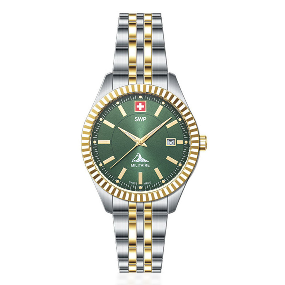 SWP Swiss Militaire Jungfrau Swiss Ronda 585 Watch with a Green Dial and a Silver and Gold Stainless Steel Strap in a 31mm Silver and Gold Stainless Steel Case with 5 ATM D982BV_8741677_2