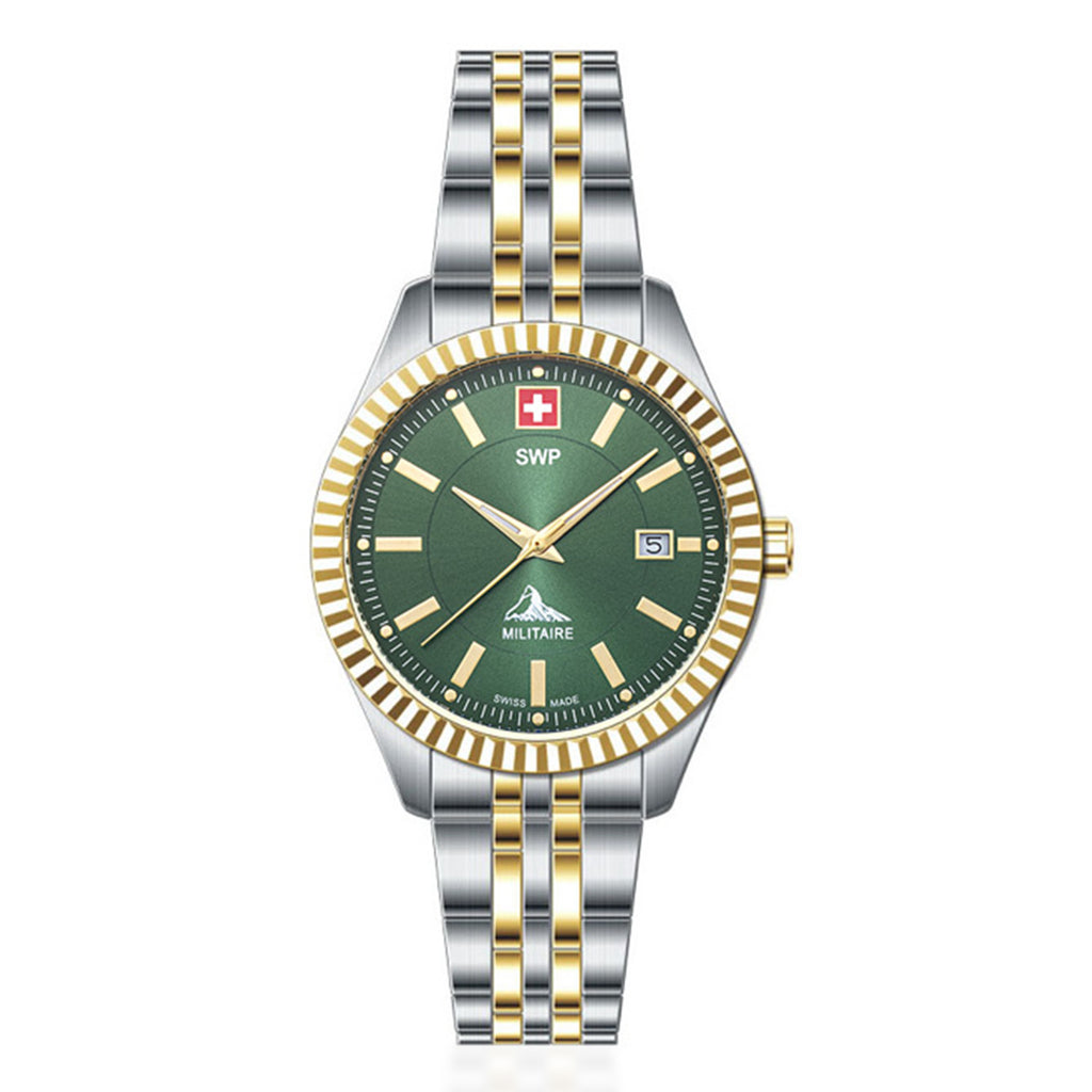 SWP Swiss Militaire Jungfrau Swiss Ronda 585 Watch with a Green Dial and a Silver and Gold Stainless Steel Strap in a 31mm Silver and Gold Stainless Steel Case with 5 ATM D982BV_8741677_2