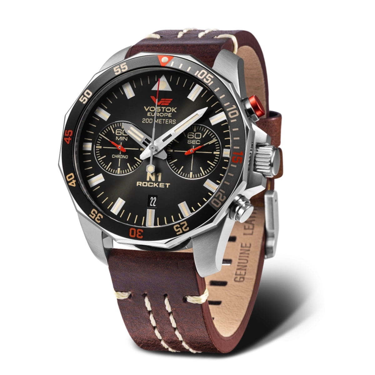 N1 Rocket Miyota 6S21 Quartz Chrono Watch with a Black Dial and a Brown Leather Strap in a 46mm Silver Stainless Steel Case with 20 ATM 6S21-225A618-L_8747707