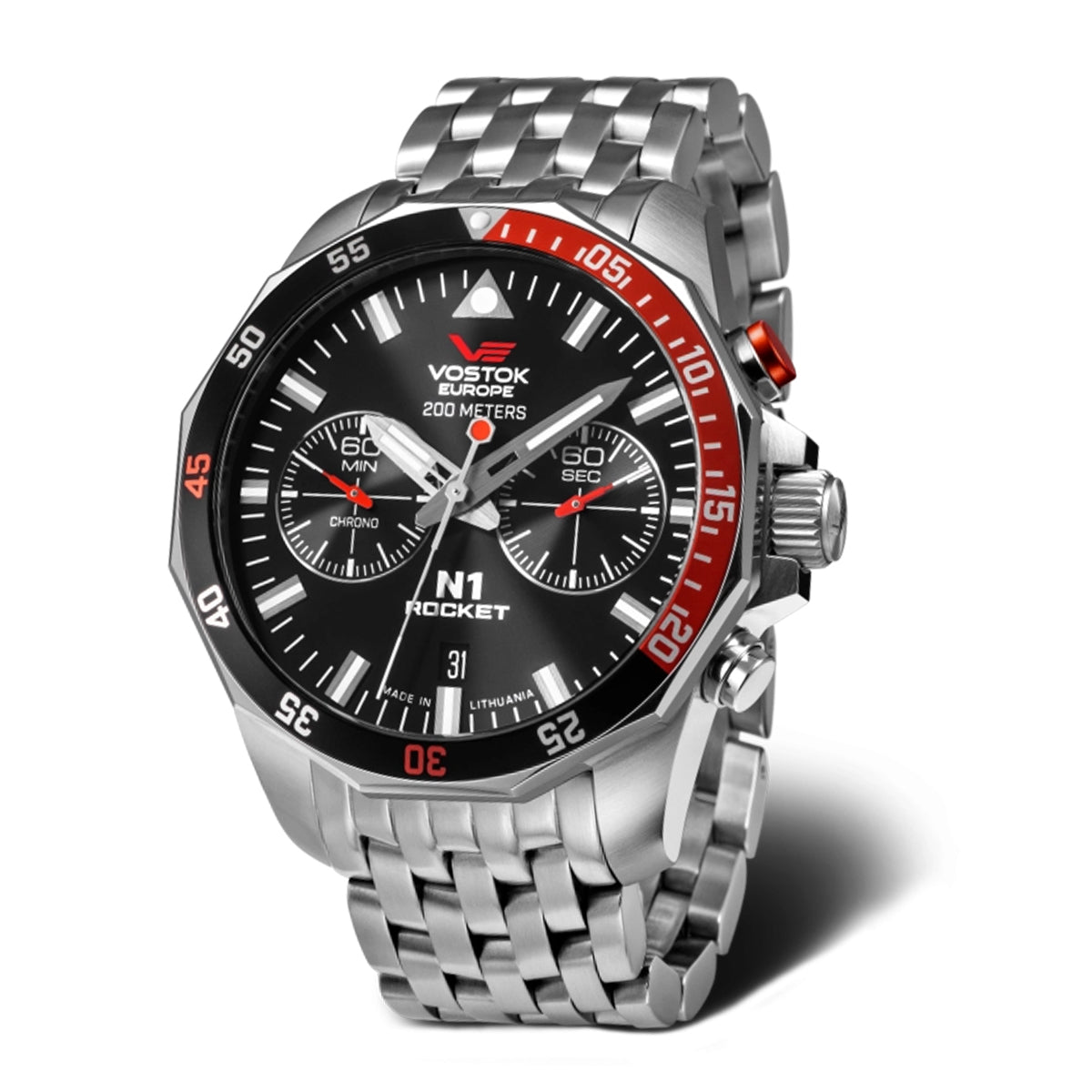 N1 Rocket Miyota 6S21 Quartz Chrono Watch with a Black Dial and a Silver Stainless Steel Strap in a 46mm Silver Stainless Steel Case with 20 ATM 6S21-225A707-B_8747708