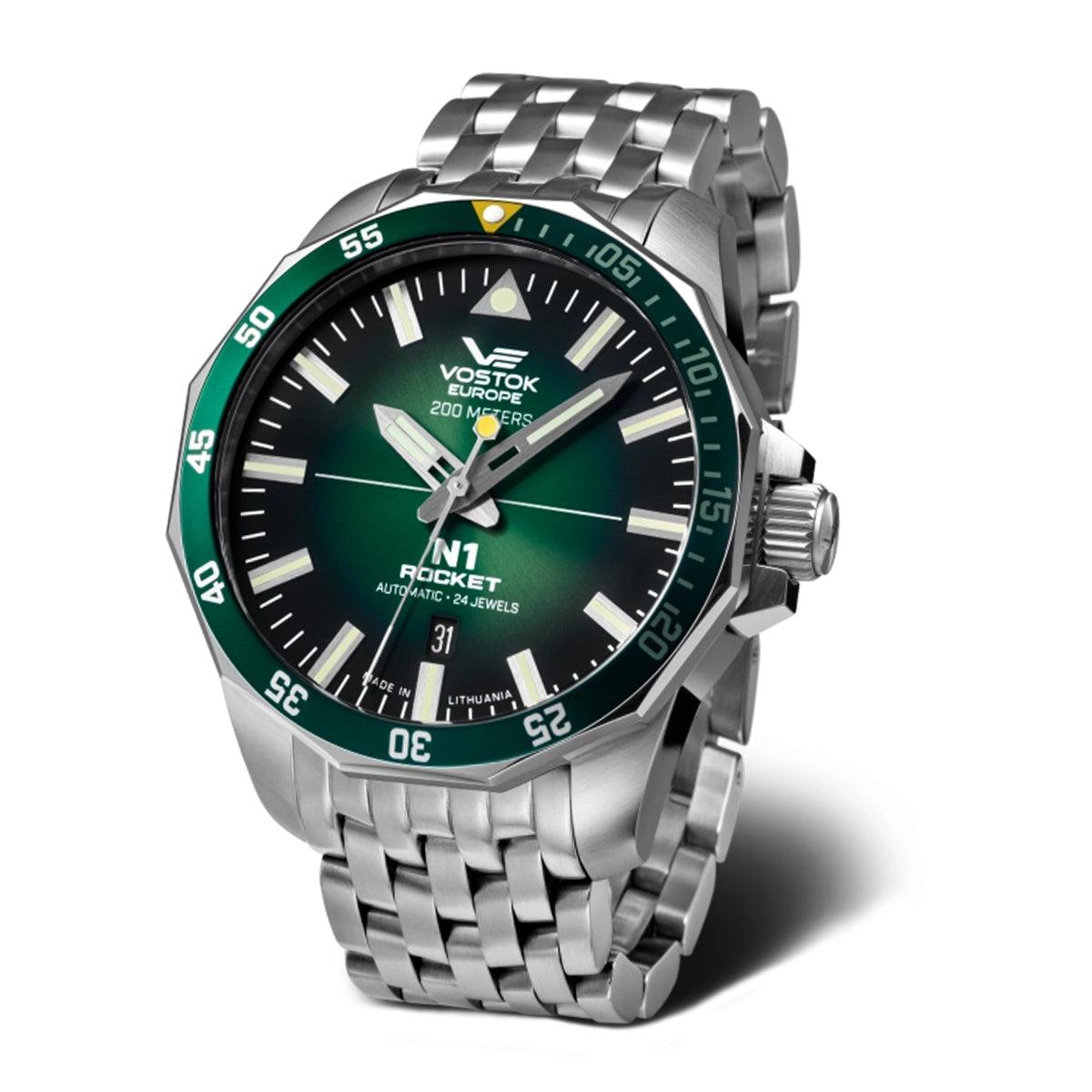 Vostok Europe N1 Rocket NH34 Automatic Movt Watch with a Green Dial and a Silver Stainless Steel Strap in a 46mm Silver Stainless Steel Case with 20 ATM NH35-225A710B_8747712