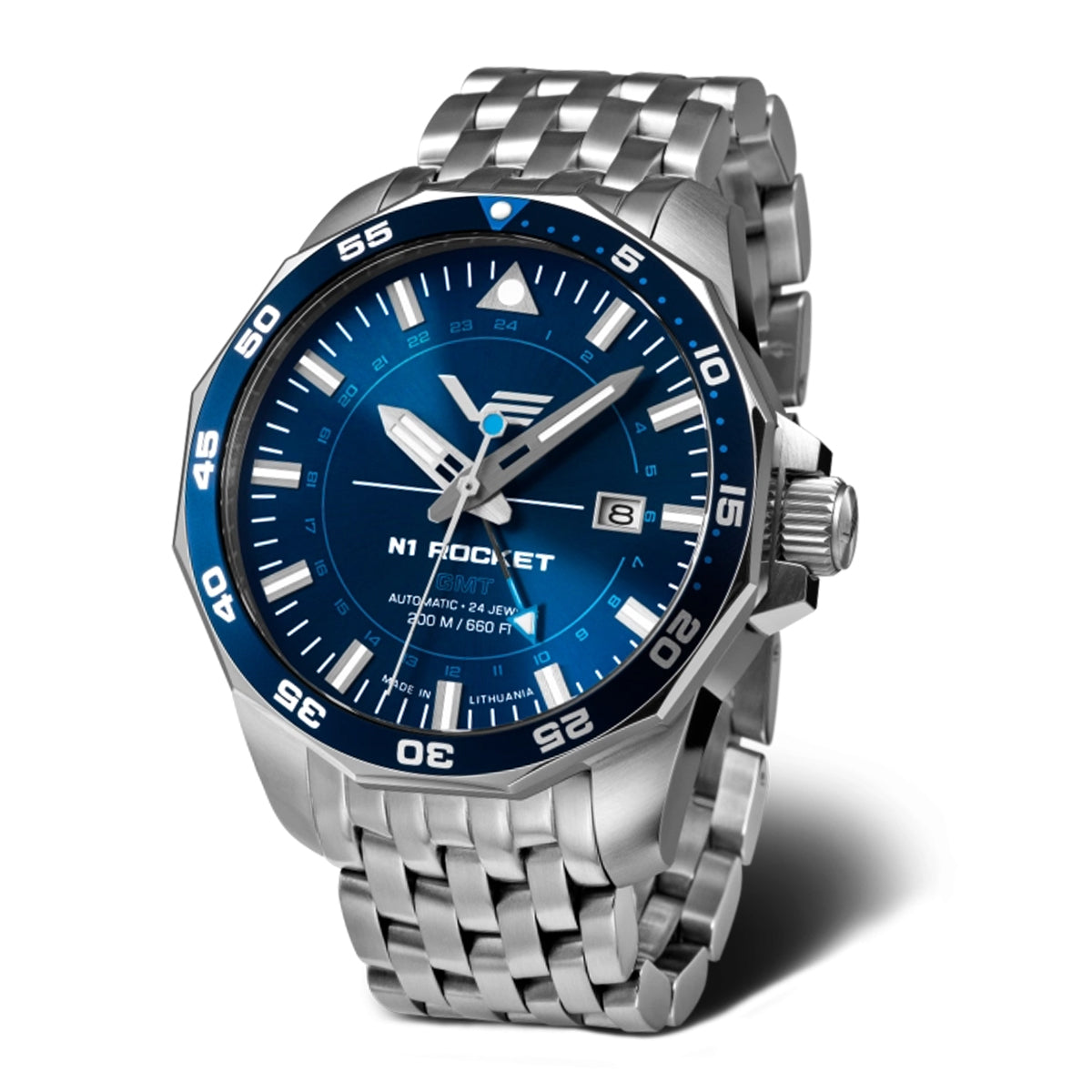 Vostok Europe N1 Rocket GMT NH34 Automatic Movement Watch with a Blue Dial and a Silver Stainless Steel Strap in a 46mm Silver Stainless Steel Case with 20 ATM NH34-225A712B_8747713