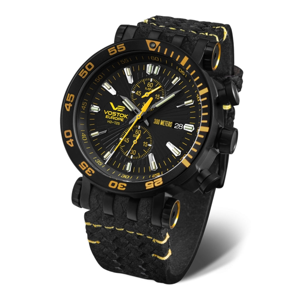 Vostok Energia VK61 Mecha Quartz with a Black Dial and a Black Leather Strap in a 48mm Black Stainless Steel Case with 30 ATM Swiss-made tritium tubes mounted Comes in a VE DryBox XL - VK61-575C589-L_8765538