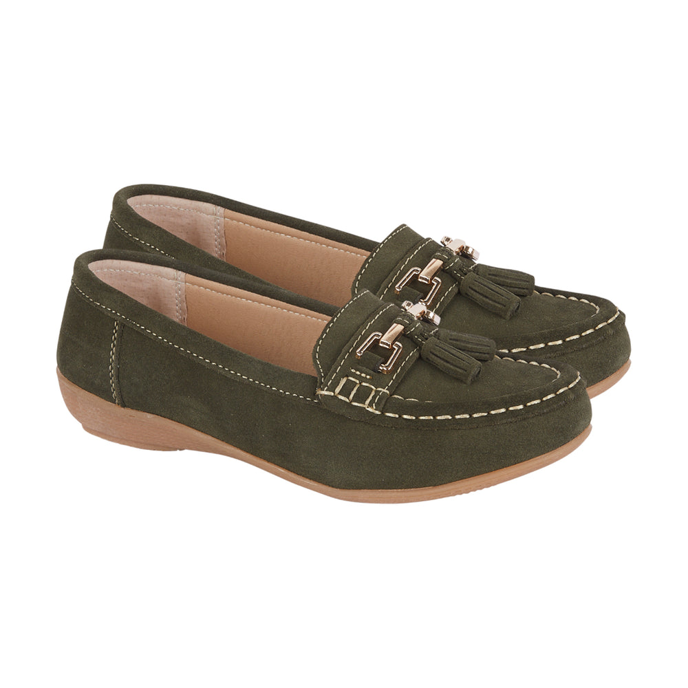 Jo & Joe Suede Slipon Moccasin Loafers with Tassel & Gold Horsebit Detail (Size 4) - Olive_8779736