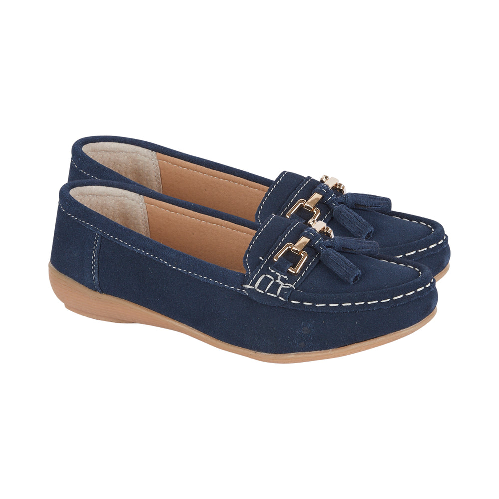 Jo & Joe Suede Slipon Moccasin Loafers with Tassel & Gold Horsebit Detail (Size 4) - Navy_8779743