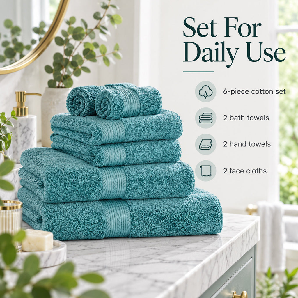 6 Piece Cotton Bathroom Towel Set - 2 Bath 2 Hand & 2 Flannel Face Cloths - Aqua_8791148_1