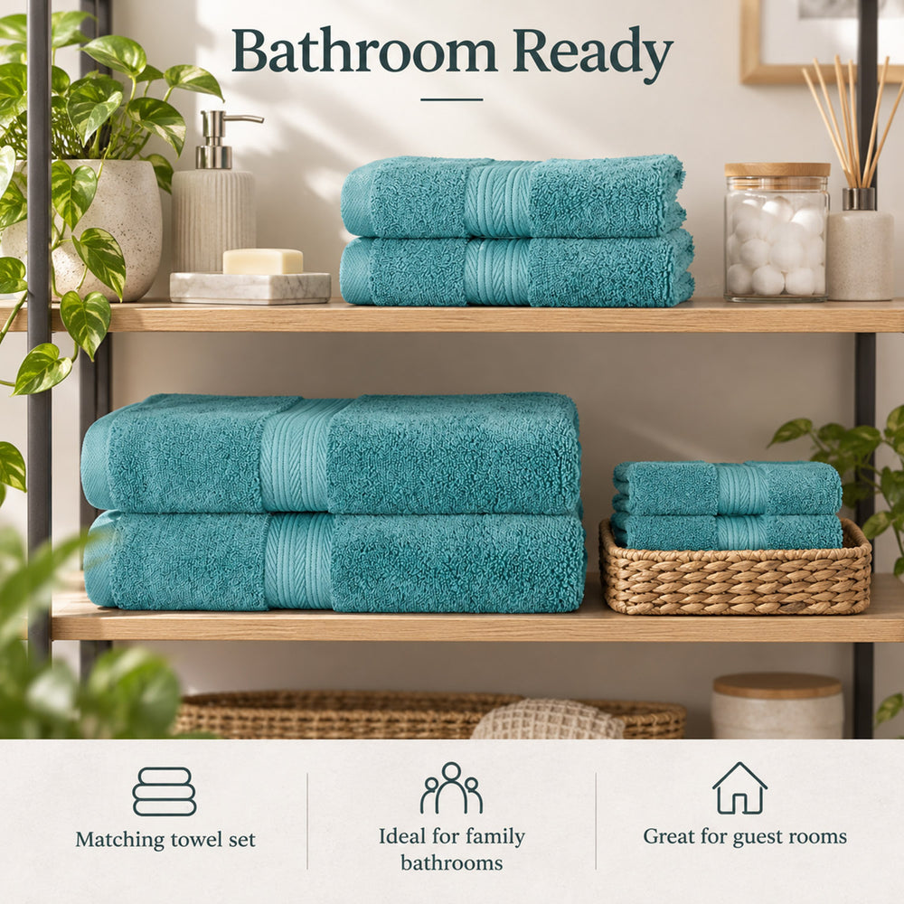 6 Piece Cotton Bathroom Towel Set - 2 Bath 2 Hand & 2 Flannel Face Cloths - Aqua_8791148_3
