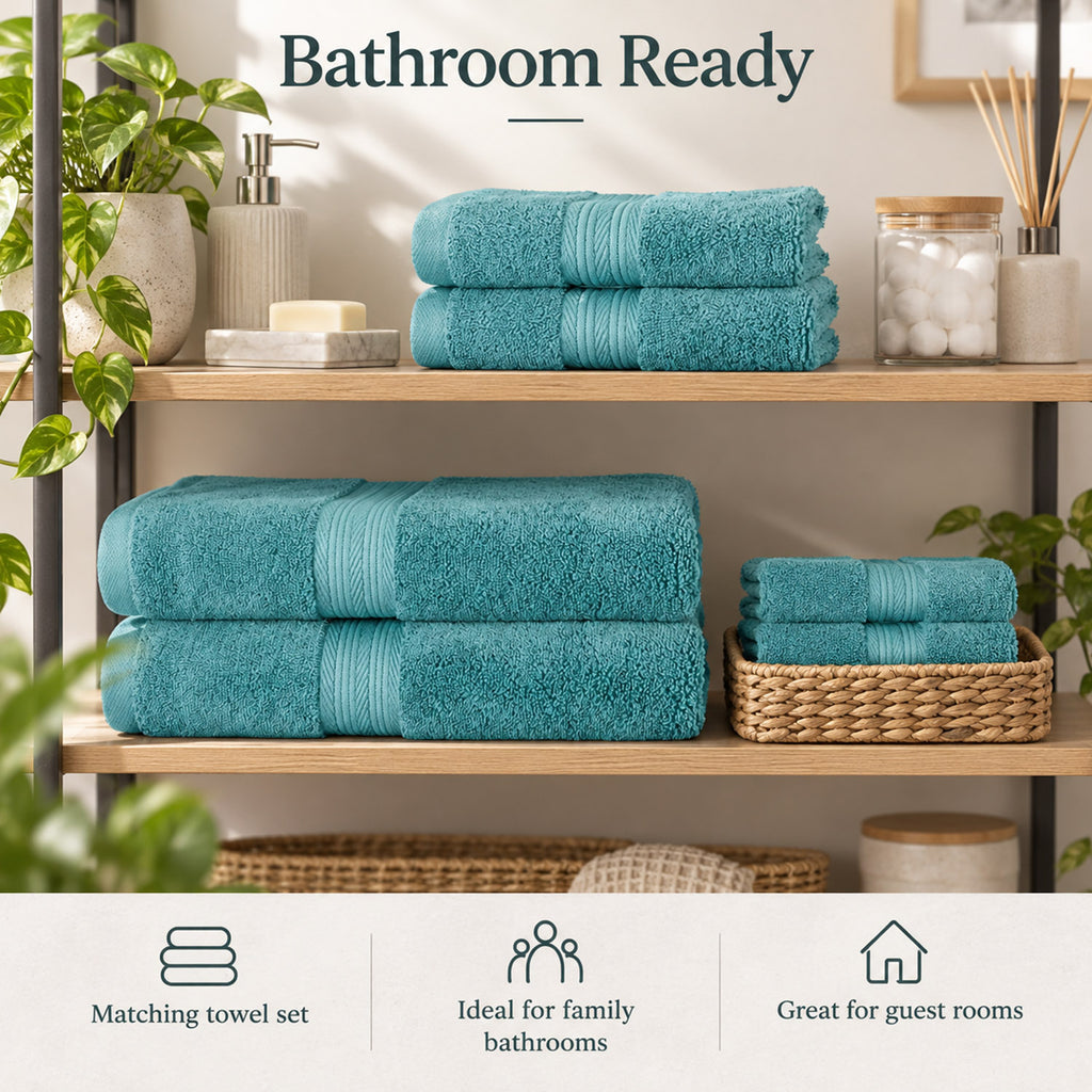 6 Piece Cotton Bathroom Towel Set - 2 Bath 2 Hand & 2 Flannel Face Cloths - Aqua_8791148_3
