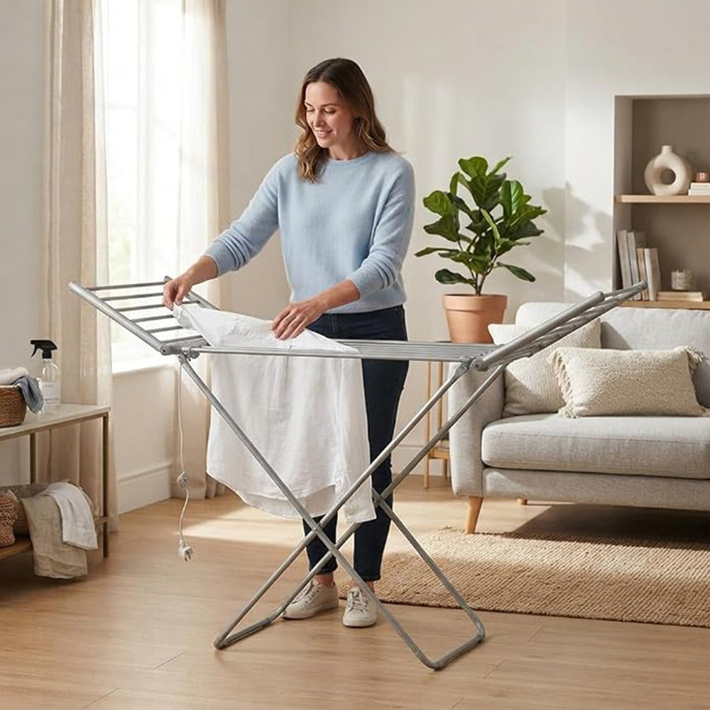 Electric Heated Clothes Drying Rack Non Corrosive Made from Lightweight Durable Aluminium Foldable Design Easy to Store UK Mains Plug_8802299