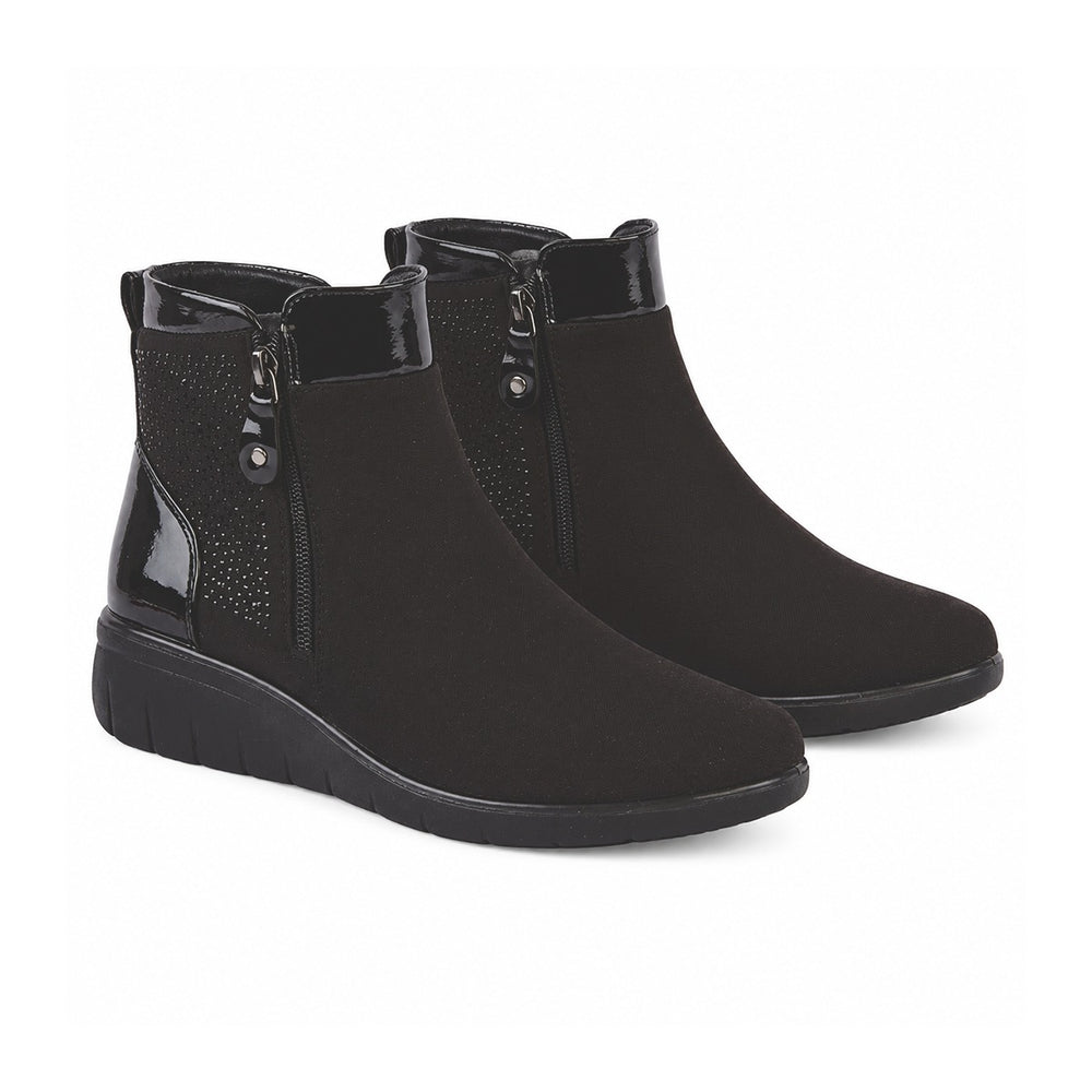 Shoetree Comfort Ladies Gorse Warm-Lined Comfort Sole Wedge Ankle Boot with Twin Zips & Diamante Trim (Size 4) - Black_8810069