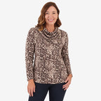 Sugar Crisp Long Sleeve Animal Print Cowl Neck Collar Top (Size L, 16-18) - Chocolate_8810149