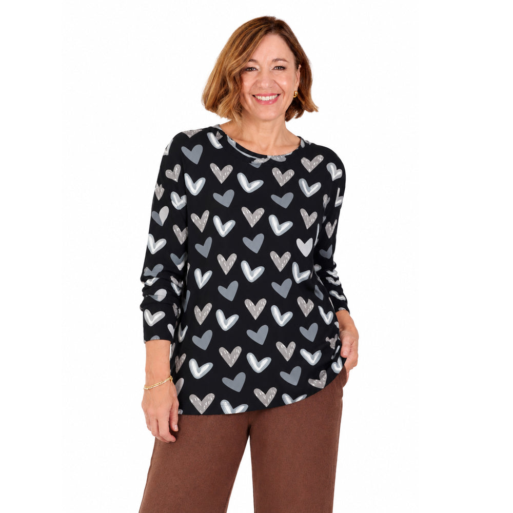 Sugar Crisp Long Sleeve Roundneck Heart Printed Top (Size L, 16-18) - Black_8810848