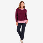 Sugar Crisp Ladies 2-In-1 Double Layer Knit Jumper & Shirt Top (Size L, 16-18) - Wine_8810916