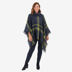 Sugar Crisp Ladies Roll Neck Fringed Tweed Check Knitted Poncho (One Size) - Navy_8810994