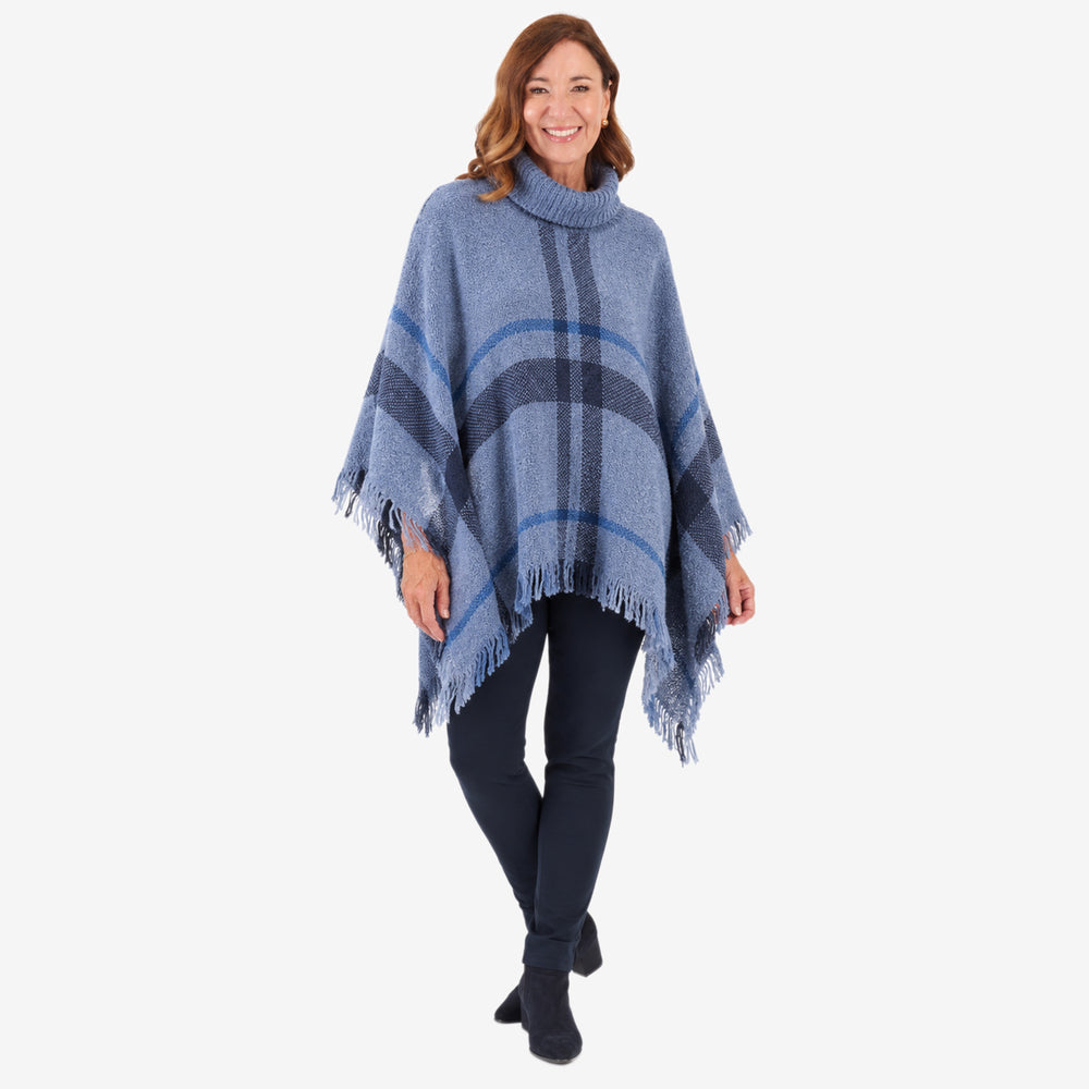 Sugar Crisp Ladies Roll Neck Fringed Tweed Check Knitted Poncho (One Size) - Denim_8810995