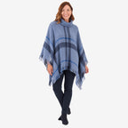 Sugar Crisp Ladies Roll Neck Fringed Tweed Check Knitted Poncho (One Size) - Denim_8810995