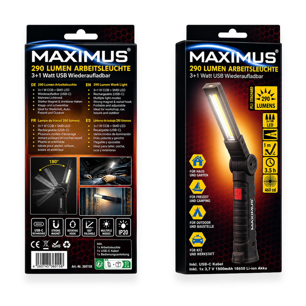 """MAXIMUS LED Worklamp 3W+1W 200+60lm USB3+1W LED battery work lamp  260 lumens* Material: Aluminum + ABS Rubberized 3 x Watt COB approx. 200 Lumen + 1 Watt approx. 60 Lumen front light Functions:  C_8820634