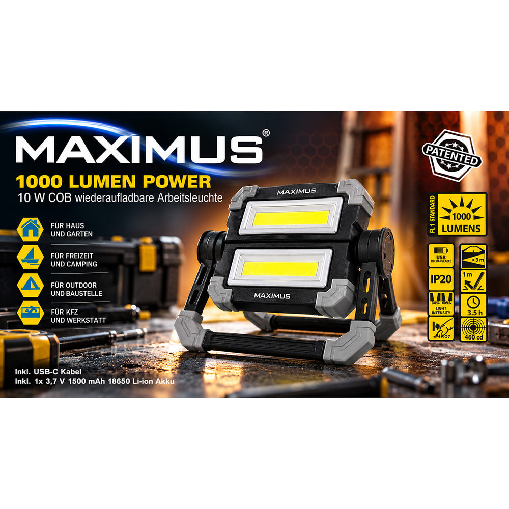 "MAXIMUS Work lamp Rechargebale Function: 360° completely rotatable 180° individual lights can be rotated independently of each other Light can be turned on independently ON/OFF switch Beam distance:3_8820635