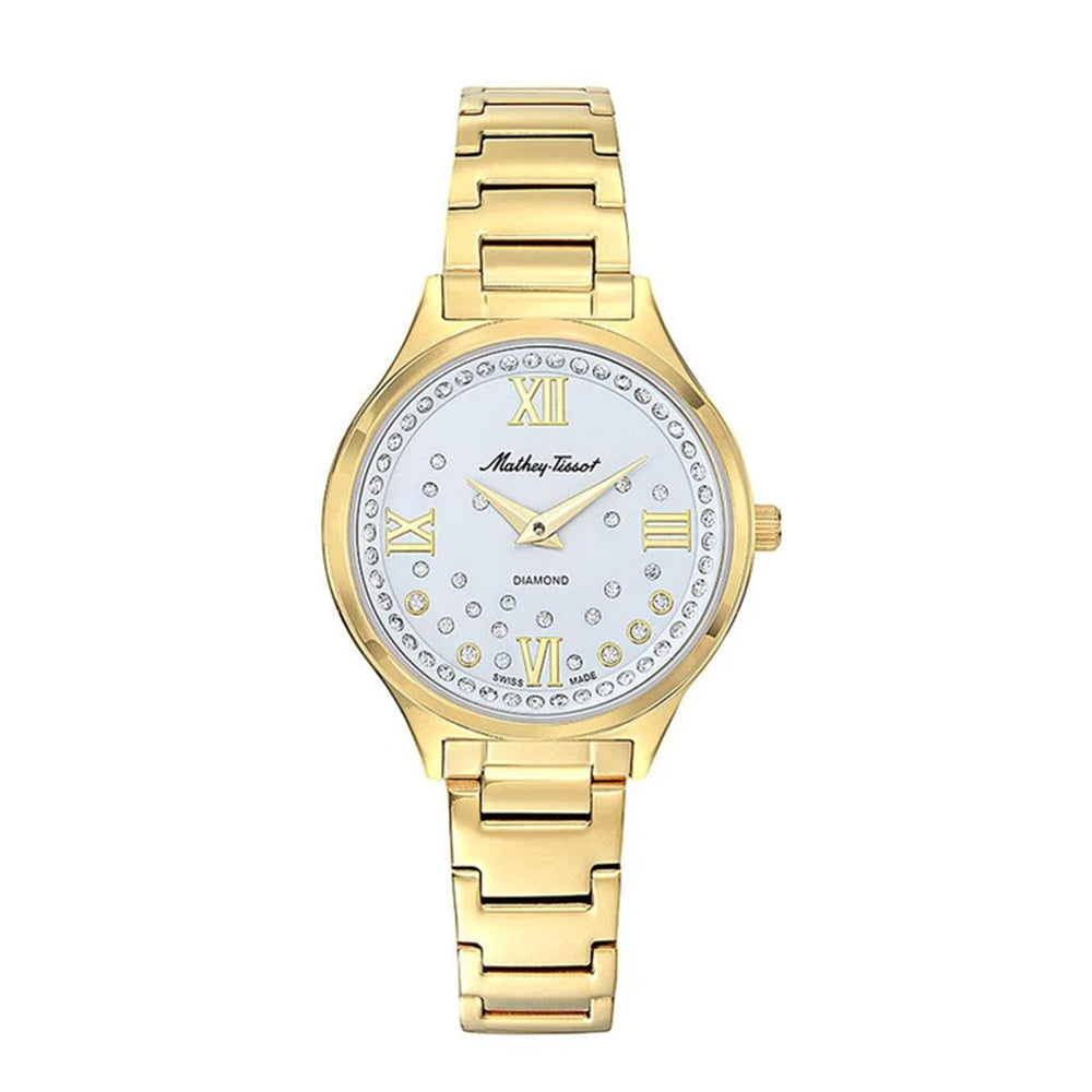 Women Mathey Tissot Nicole  Watch with a White Dial and a Gold Stainless Steel Strap in a  Case with 5 ATM of water resistance._8825228
