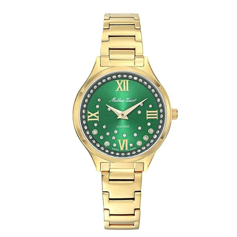 Women Mathey Tissot Nicole  Watch with a Green Dial and a Gold  Stainless Steel Strap in a Case with 5 ATM of water resistance._8825229