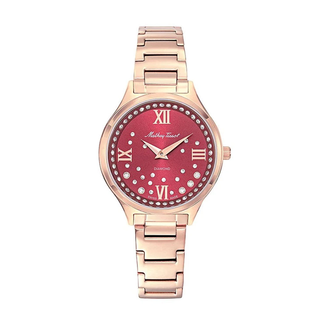 Women Mathey Tissot Nicole  Watch with a Red Dial and a Rose Gold Stainless Steel Strap in a    Case with 5 ATM of water resistance._8825230