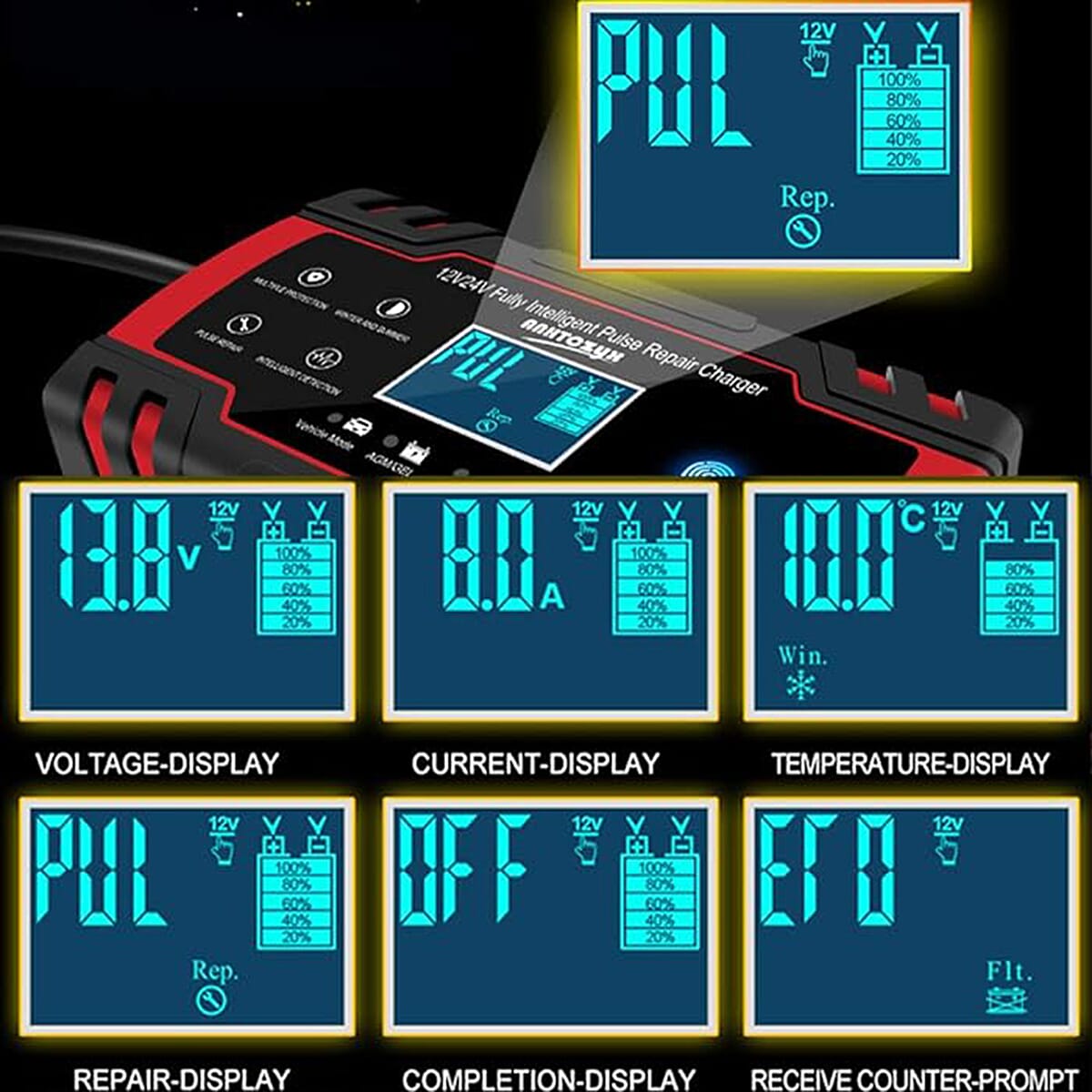 8A Car Battery Charger, (12V 24V) - Black