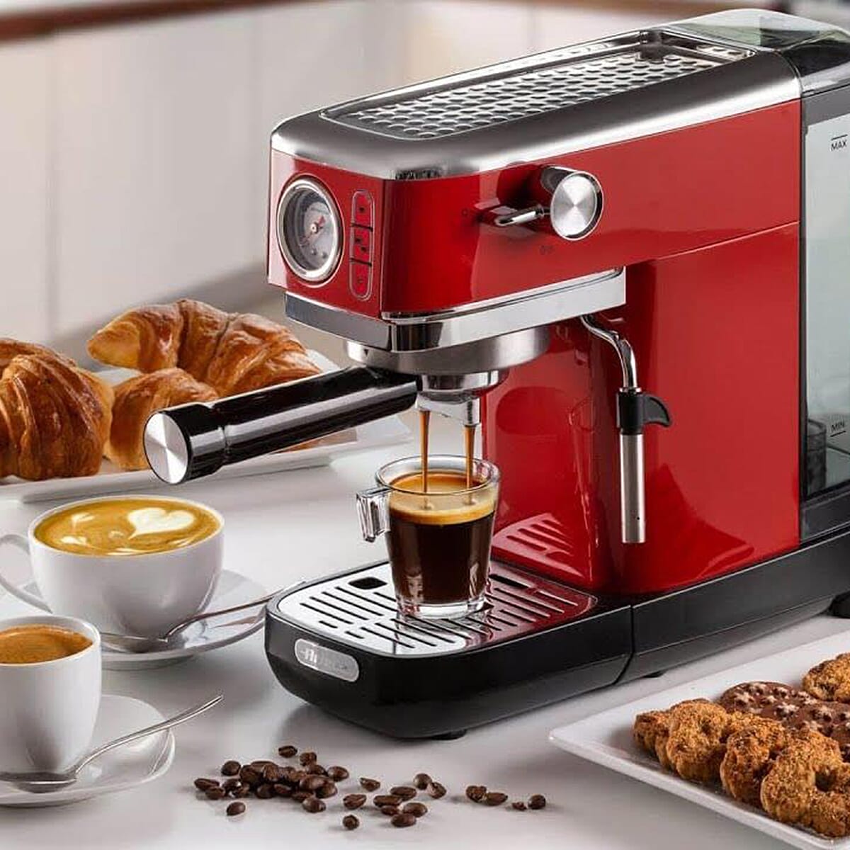LOWEST EVER PRICE - Ariete Moderna Coffee Machine Slim with Pressure Gauge 1300W Red