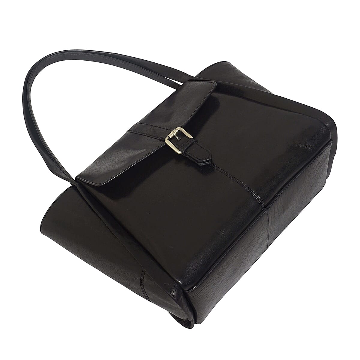 ASSOTS LONDON Swan Collection Premium Genuine Semi Vegetable Polished Leather Flap-Over Tote Bag - Black