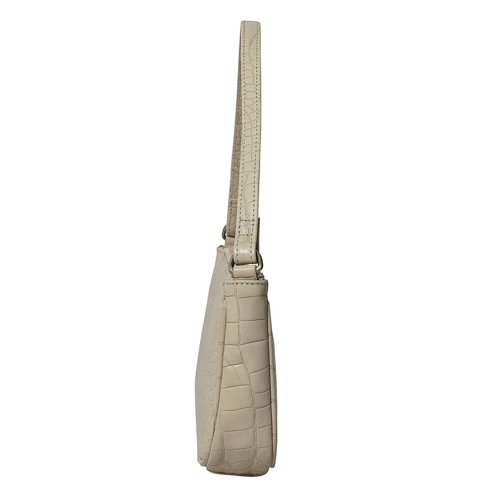 ASSOTS LONDON Zara 100% Genuine Leather Croc Embossed Handbag (Size 25x14x5 Cm) - Off White