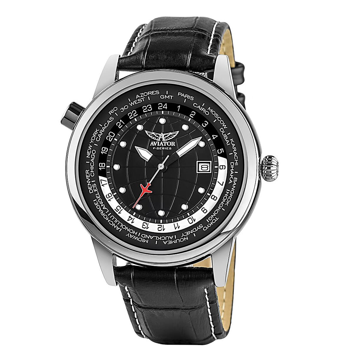 AVIATOR World Timer 3 ATM Water Resistant Watch with Black Leather Strap