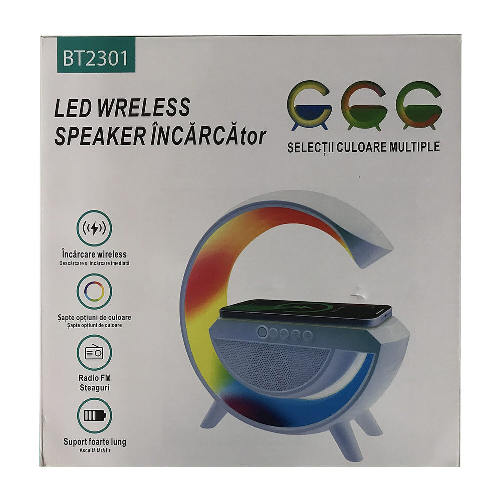 G-Shape Wireless Charging Bluetooth Speaker with Multi Color LED Lights - Extra Long Standby