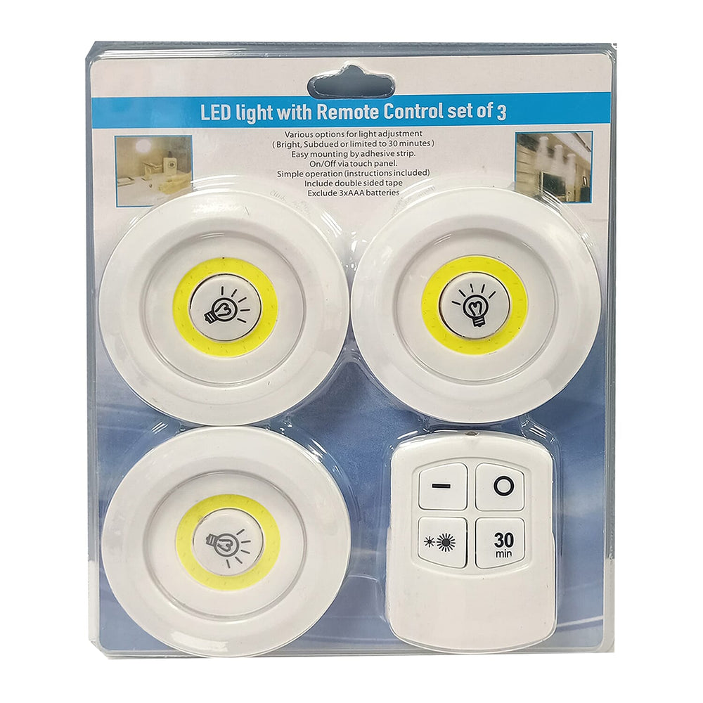 Set of 3 - LED Light with Remote Control (Incl. Double Sided Tape - 3AA Batteries Excl) - White