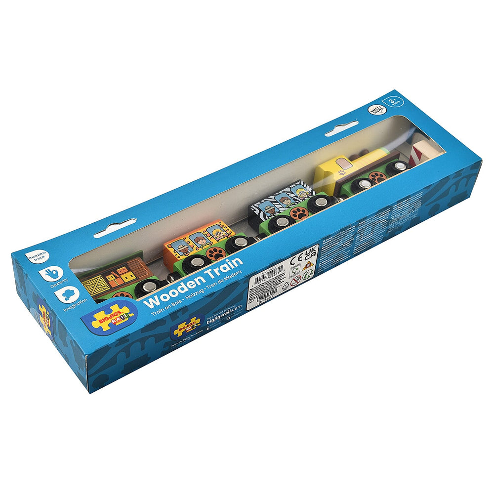 Safari Wooden Train (3 Carriages, 2 Track Pieces - a Buffer) - Multi
